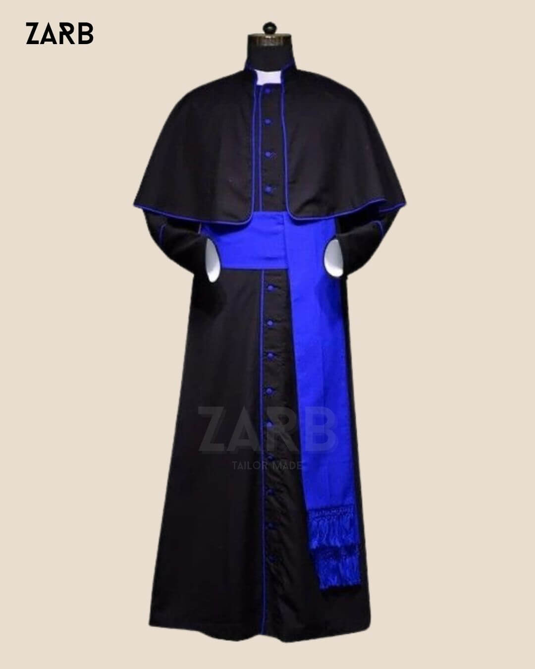 Black Roman Cassock with Blue Trim - Custom Tailored Soutane Noire