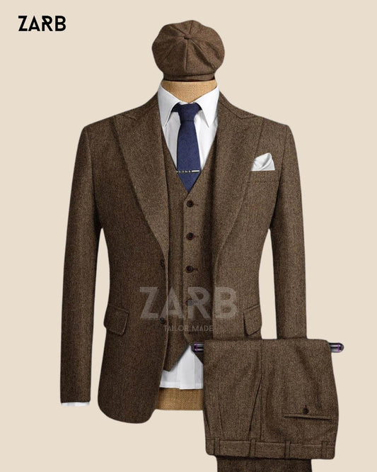 Brown Tweed 3 Piece Suit Men - Peaky Blinders Style Vintage Wedding Formal Wear