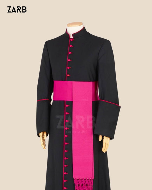 Black Bishop Cassock with Fuchsia Trim and Matching Sash