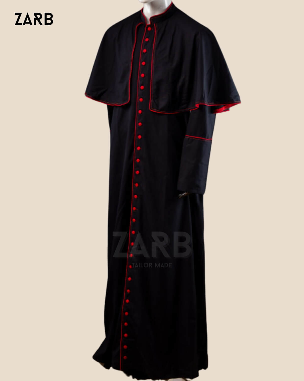 Black Roman cassock with red trim and detachable mozzetta cape – custom tailored clergy vestment
