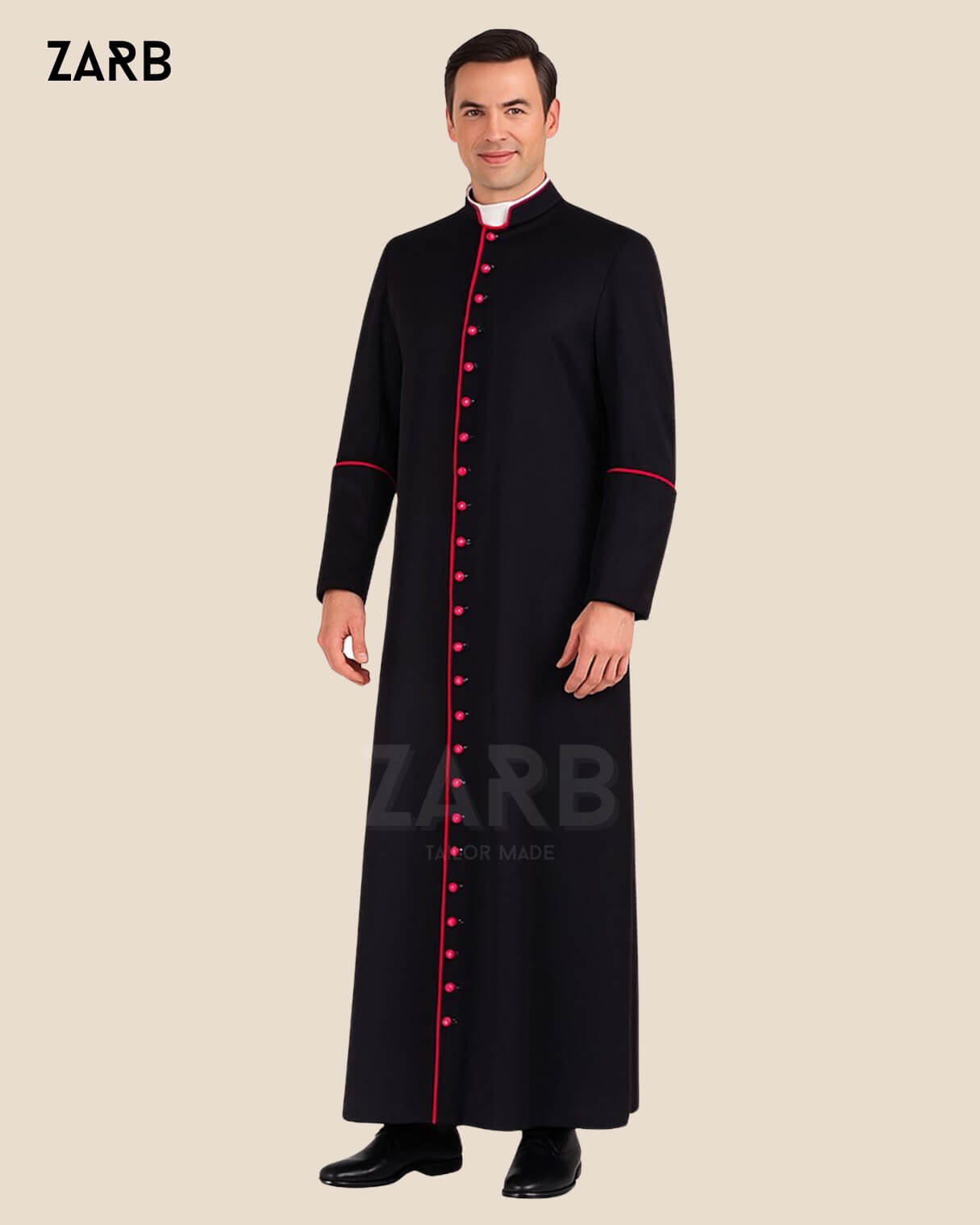 Black Roman soutane cassock with red trim and 33 buttons – custom tailored clergy robe