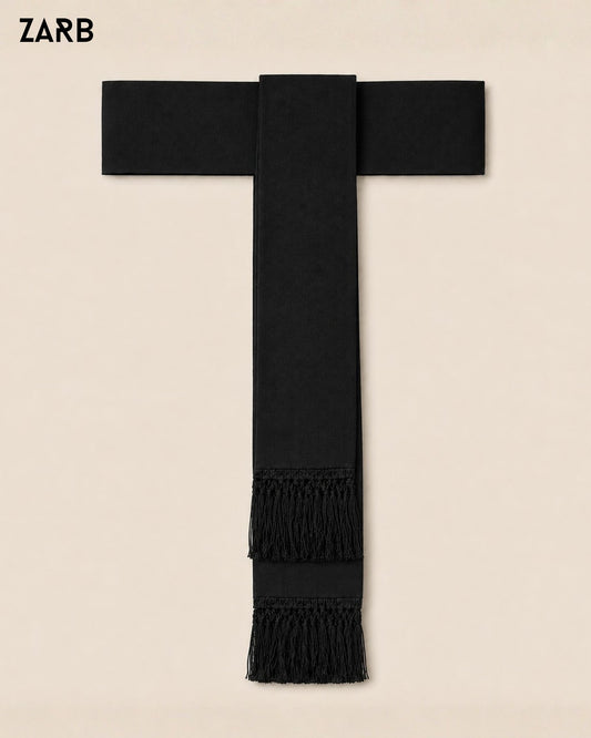 Black clergy fascia sash for Roman cassock with fringe ends and custom waist fit