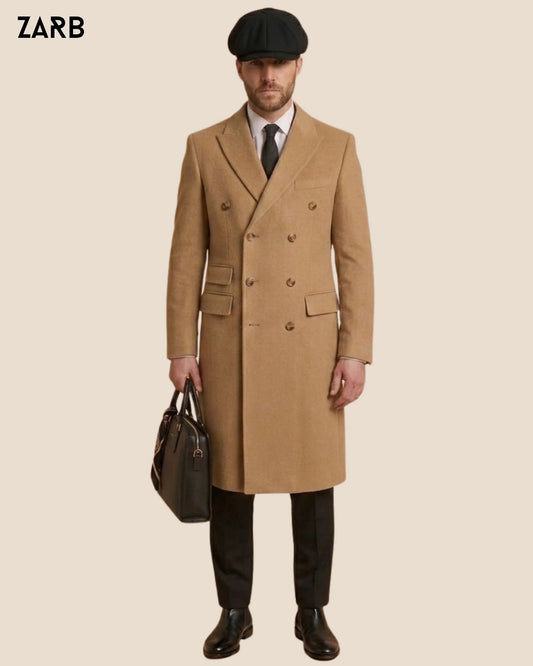 Camel brown wool long overcoat for men with six button double breasted front and peak lapels