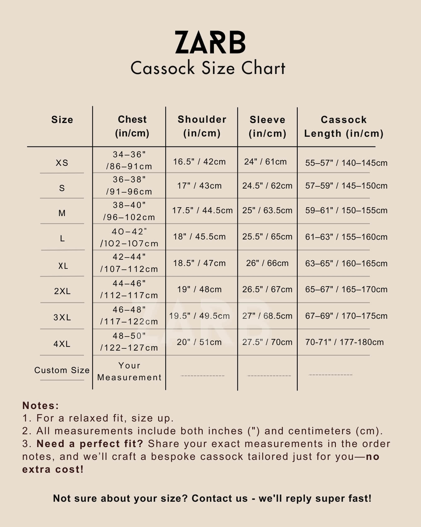 Cassock Size Chart