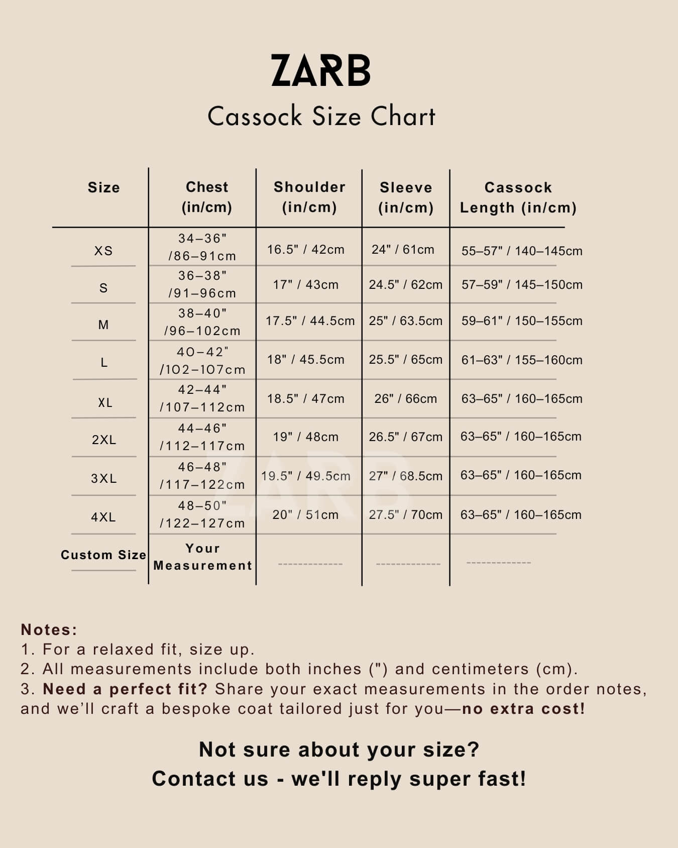 Cassock Size Chart — International US EU Measurements for Custom Made Clergy Vestments