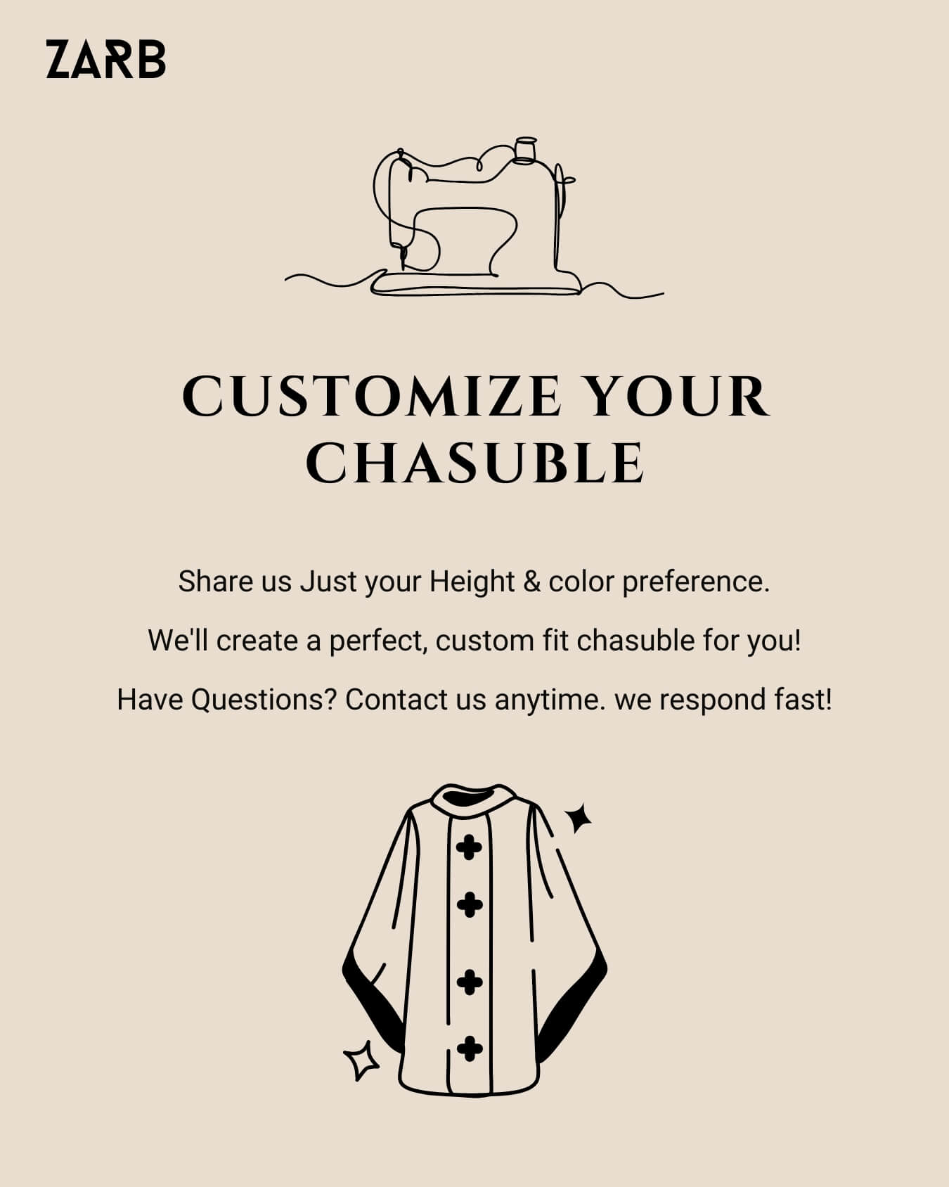 Promotional graphic for ZARB offering customization of a chasuble with sewing machine illustration.