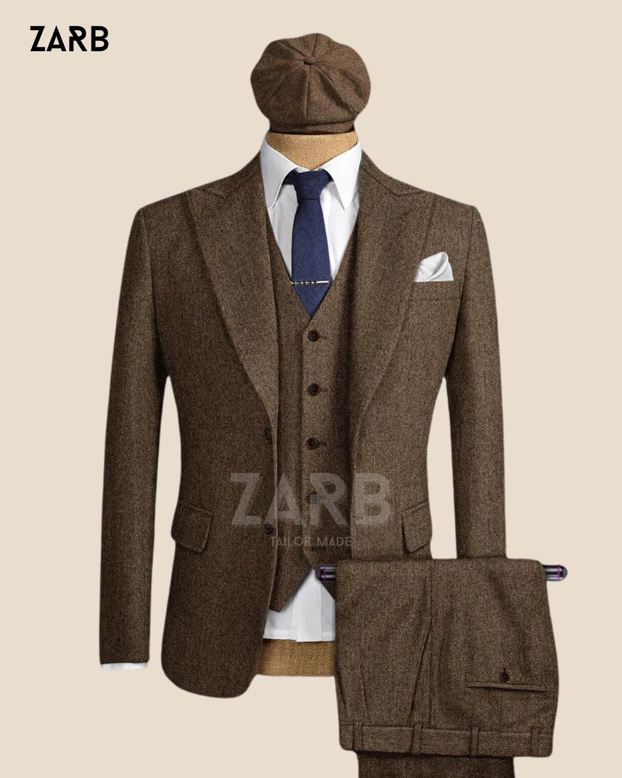 Men's Brown Herringbone Tweed Peaky Blinders Suit - 1920s Vintage Tailored Jacket Waistcoat Trousers