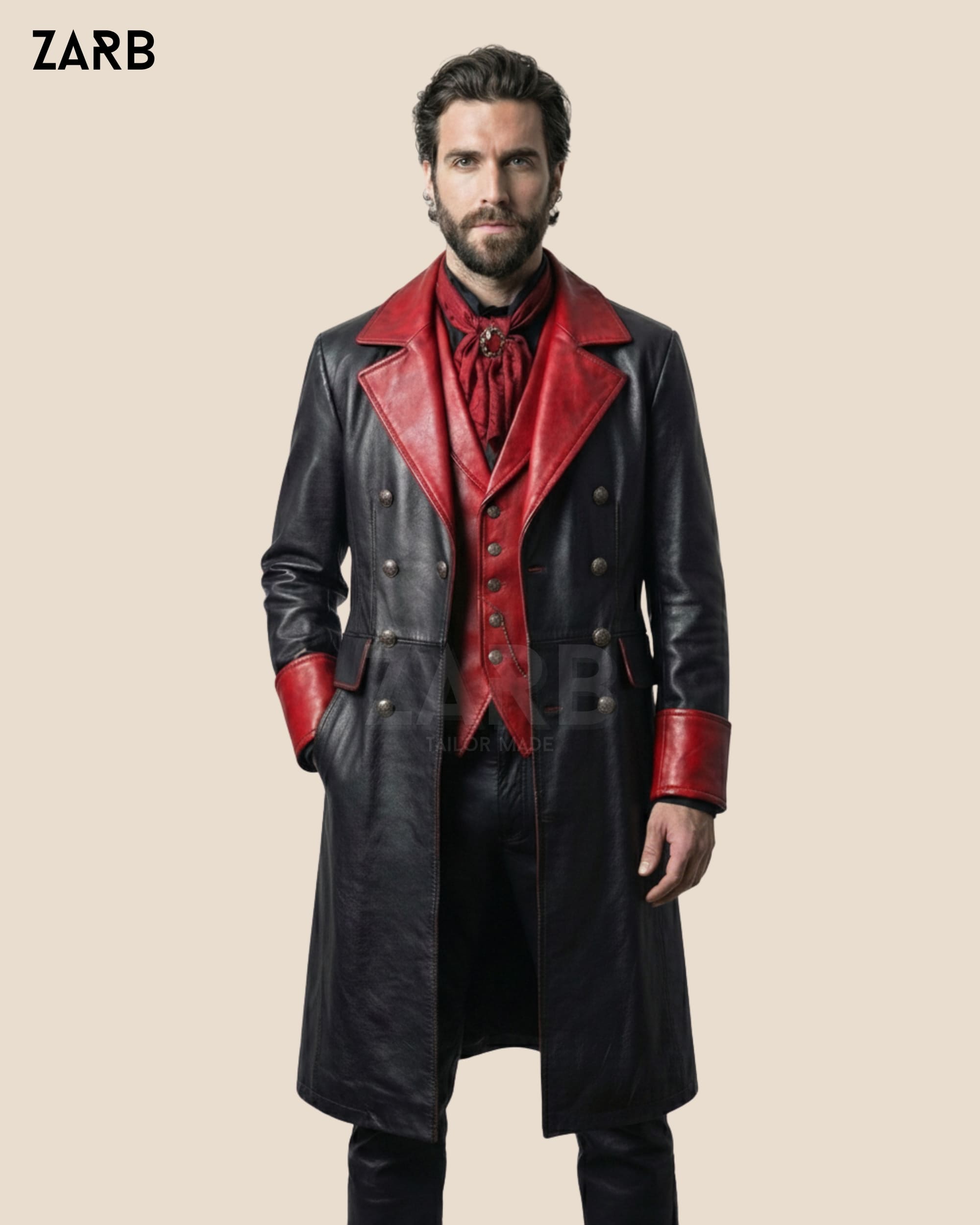Men's Gothic Leather Coat Black Red Victorian Vampire Long Trench