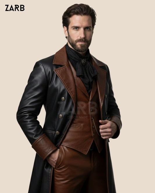 Mens gothic black leather long coat with brown vest and leather pants vampire outfit