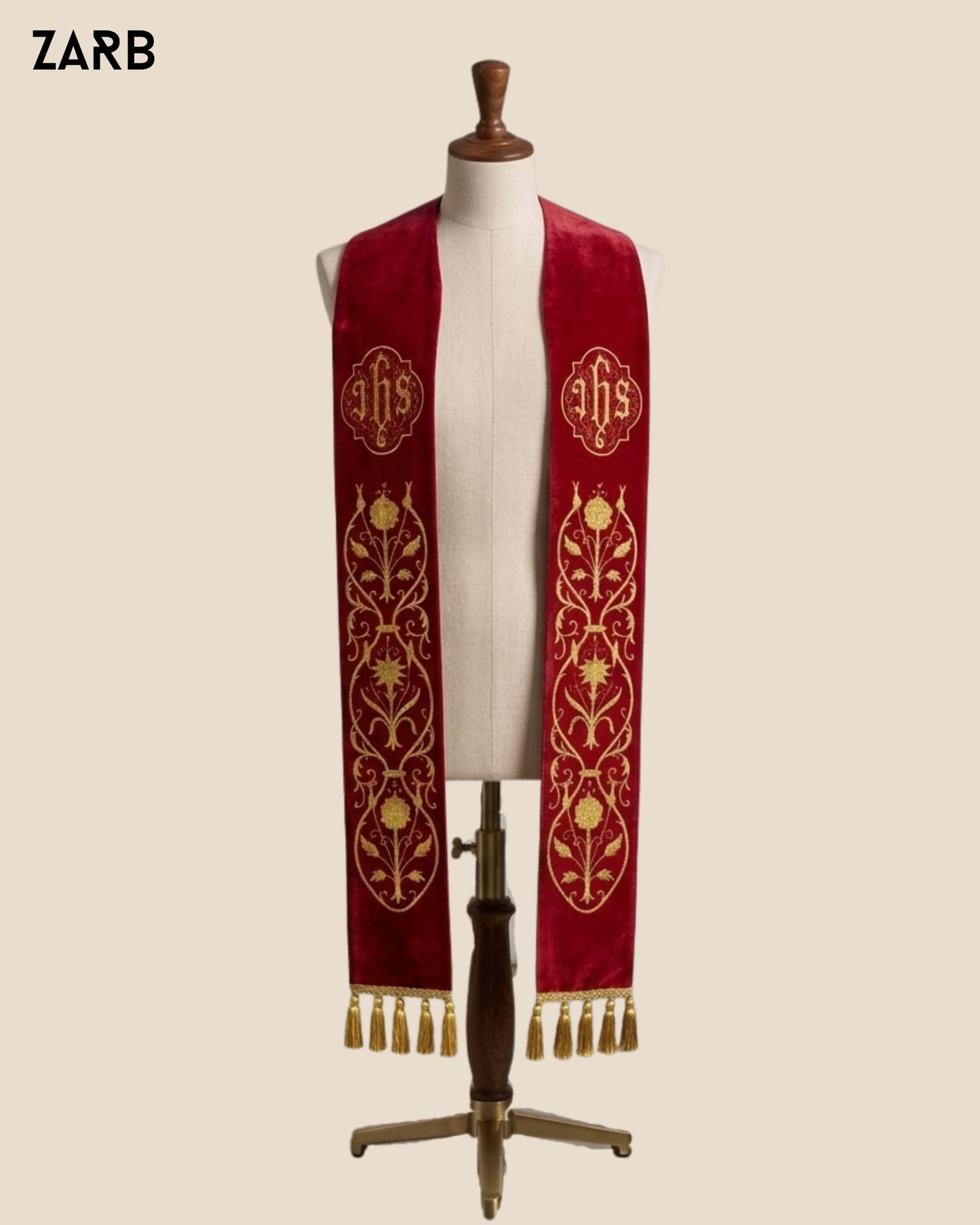 Red clergy stole with gold IHS embroidery for Pentecost and church services