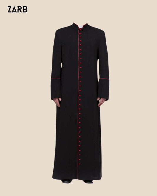 Black Cassock with Red Trim - Wool Blend Clergy Robe | Bespoke Tailored ZARB Officials