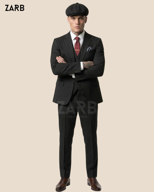 Black Pinstripe 3 Piece Suit – Peaky Style Vintage 1920s Wedding & Formal Suit for Men | Bespoke Tailored ZARB Officials