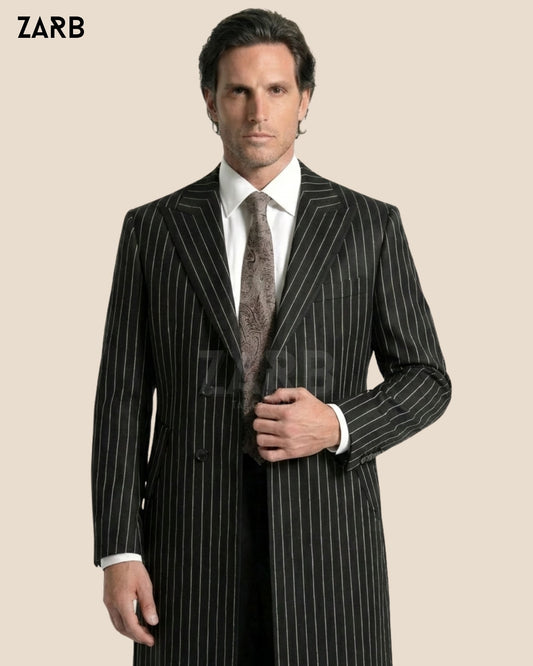 Black Pinstripe Long Coat – Vintage Gentleman Overcoat | Peaky Style Formal Coat for Men | Bespoke Tailored ZARB Officials