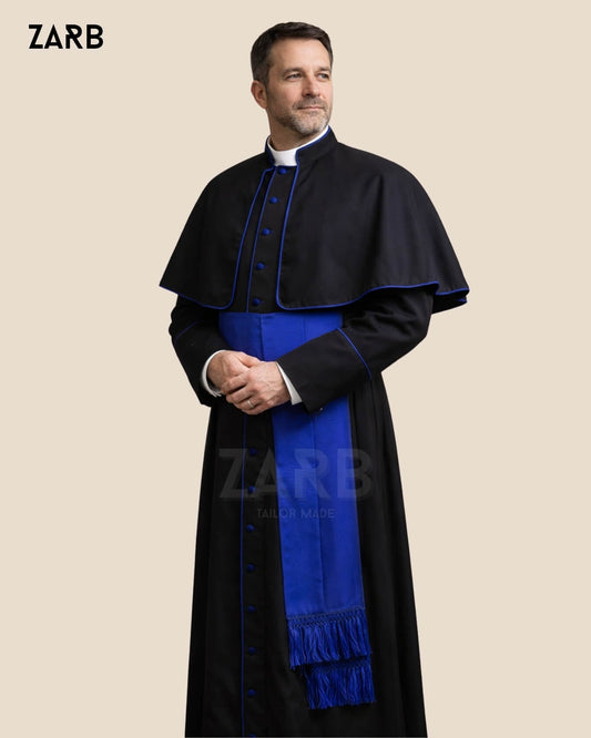 Black Roman Cassock with Blue Trim - Custom Tailored Soutane Noire | Bespoke Tailored ZARB Officials