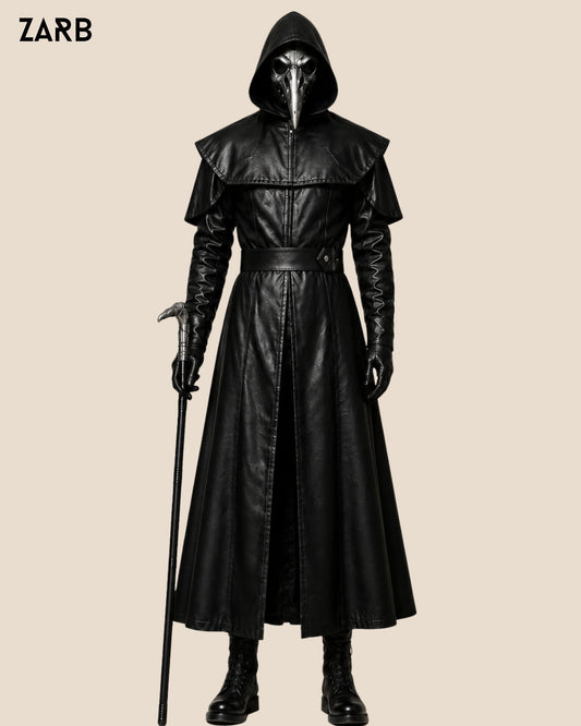 Men’s Black Sheepskin Leather Plague Doctor Coat | Hooded Gothic Long Coat | Bespoke Tailored ZARB Officials