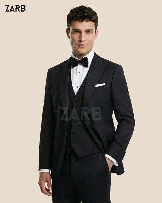 Men's Black Tropical Wool 3-Piece Tuxedo Suit | Tailor Made Peak Lapel Dinner Outfit | Bespoke Tailored ZARB Officials