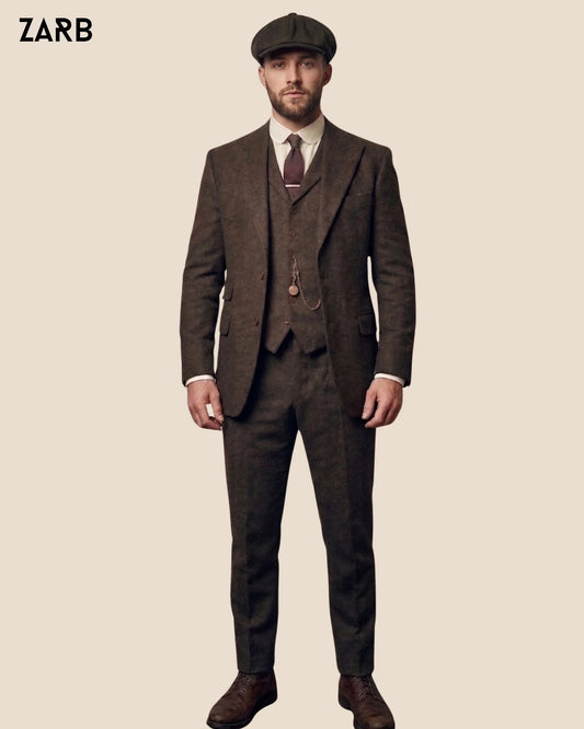 Men’s Brown Herringbone Tweed Suit with Flat Cap | 1920s Wedding Style | Bespoke Tailored ZARB Officials