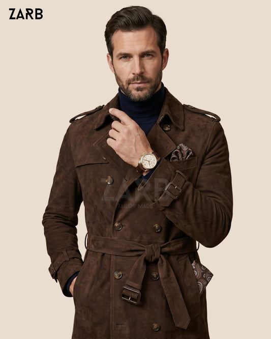 Mens Brown Suede Trench Coat | Double Breasted | Bespoke Fit | Bespoke Tailored ZARB Officials
