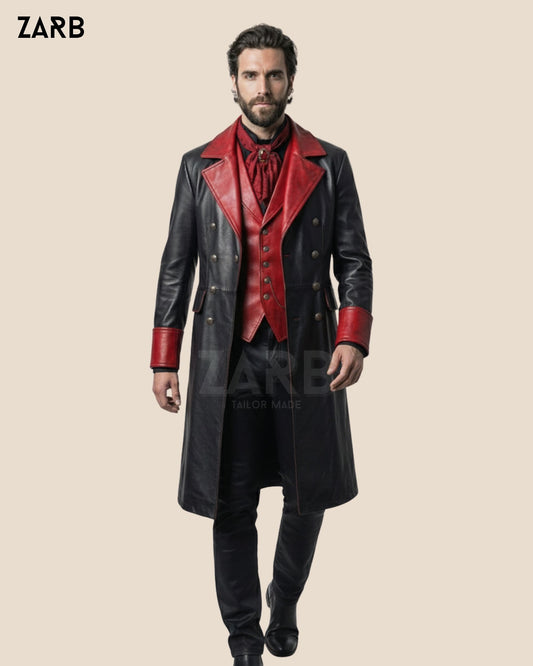 Men’s Gothic Leather Coat Black Red Victorian Vampire Long Trench Outfit Set | Bespoke Tailored ZARB Officials