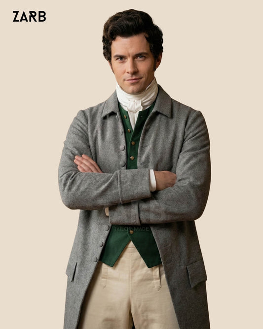 Men’s Grey Frock Coat Regency Style | Bridgerton Inspired Long Coat for Theatre, Costume & Formal Wear | Bespoke Tailored ZARB Officials