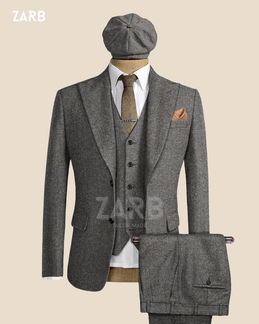 Men’s Grey Tweed 3 Piece Suit with Long Coat & Cap – 1920s Vintage Herringbone Wedding Suit, Tailored Fit | Bespoke Tailored ZARB Officials