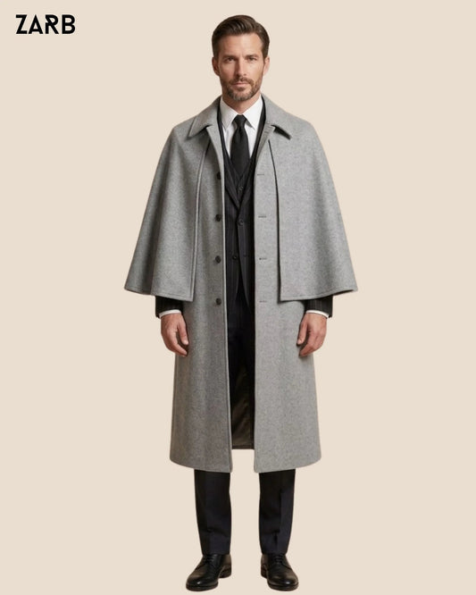 Men’s Light Grey Wool Sleeveless Inverness Cape Coat | Victorian Gentleman Overcoat | Bespoke Tailored ZARB Officials