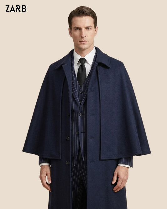 Men’s Navy Blue Sleeveless Inverness Cape Coat | Edwardian Walking Overcoat | Bespoke Tailored ZARB Officials