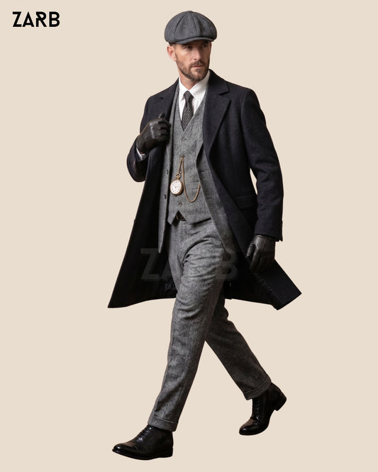 Thomas Shelby Peaky Blinders Grey Suit with Long Coat & Cap | Custom Tailored | Bespoke Tailored ZARB Officials