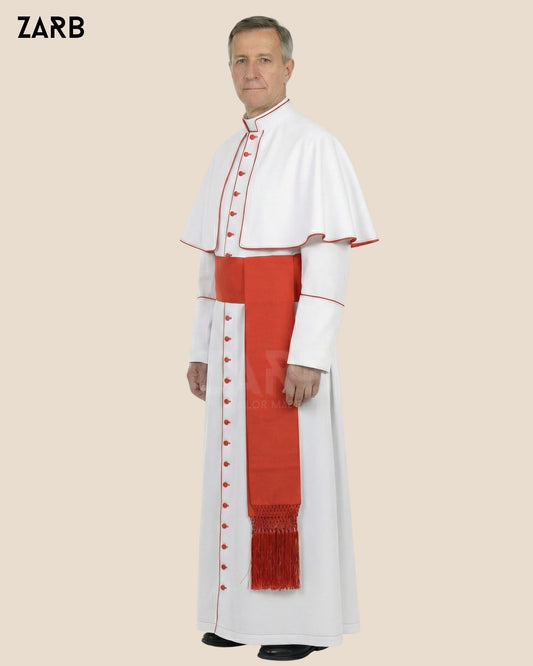 White Roman Cassock with Red Trim, Pellegrina & Fascia — Custom Tailored | ZARB | Bespoke Tailored ZARB Officials