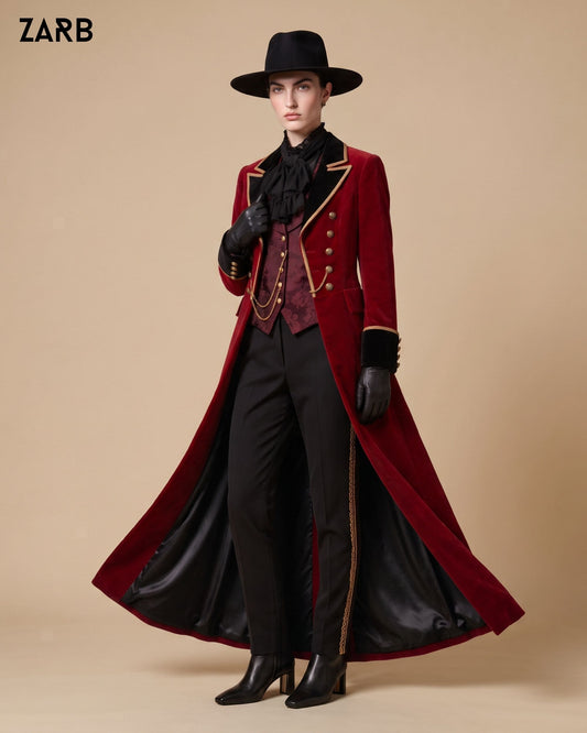 Women’s Burgundy Velvet Gothic Tailcoat with Black Lapels & Gold Trim | Bespoke Tailored ZARB Officials