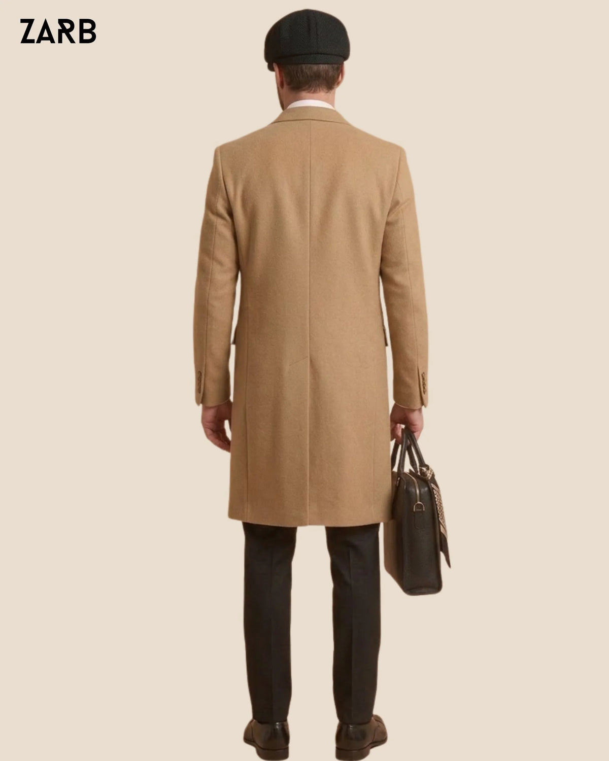 Back view men's camel wool mid calf overcoat with clean tailored winter silhouette