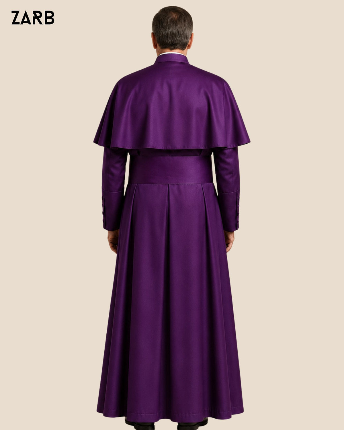 Back view of Roman purple silk bishop cassock showing traditional three pleat construction