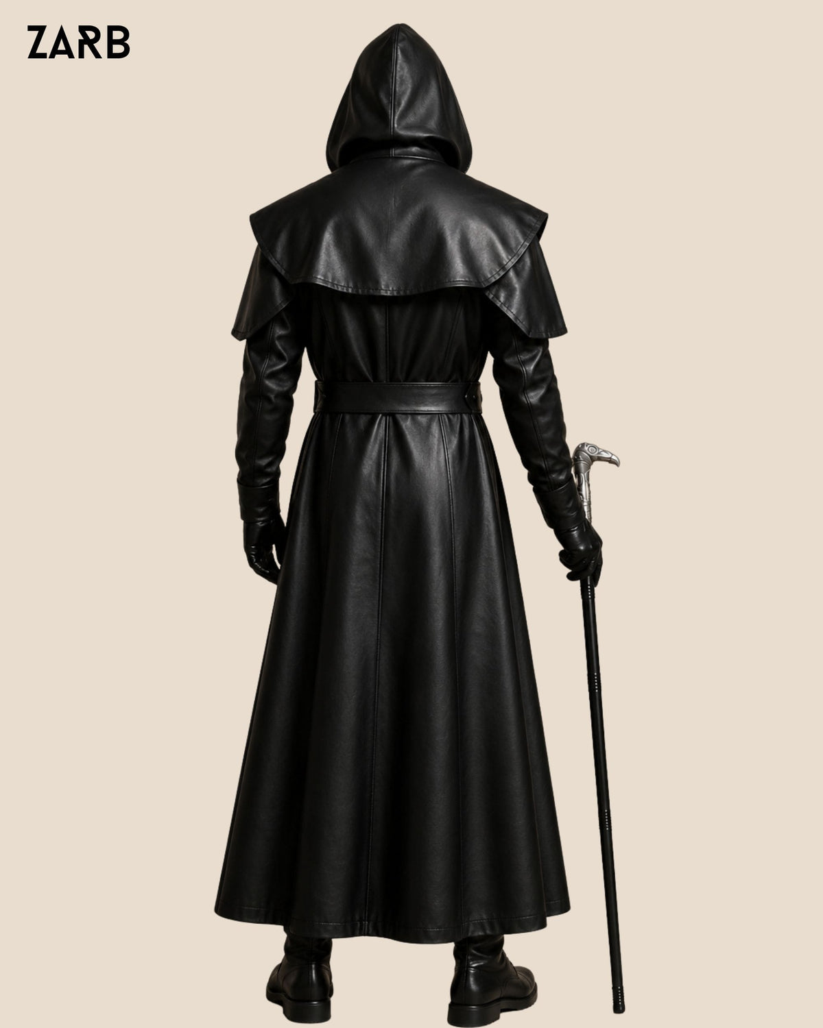 Back view of hooded black leather plague doctor coat with shoulder cape and full length hem