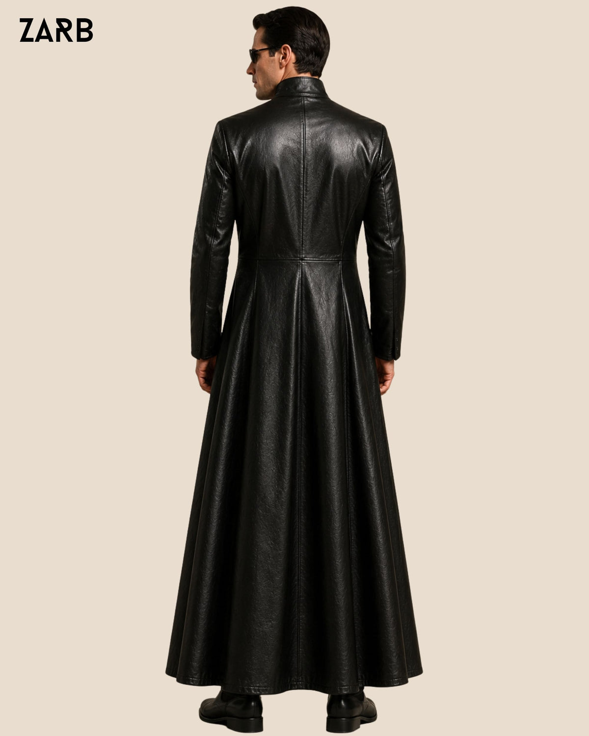 Back view of men's black sheepskin leather long coat with tailored full length silhouette
