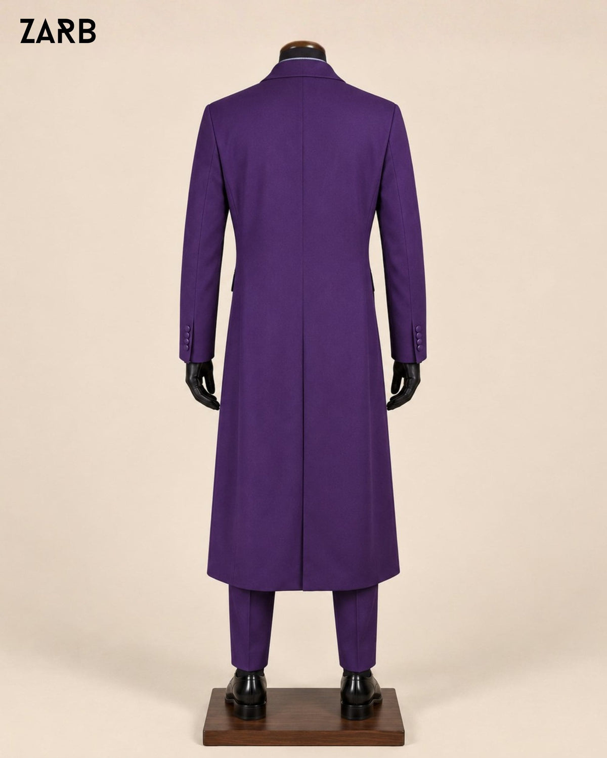 Back view of men's purple Joker long coat costume in smooth TR suiting fabric