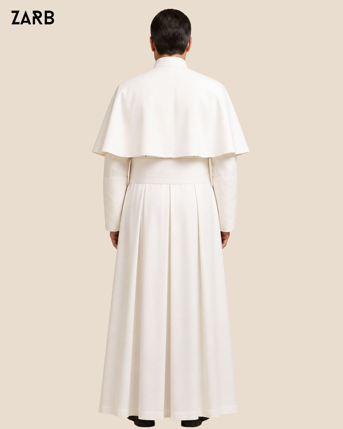 Back view of white clergy cassock showing traditional three back pleats