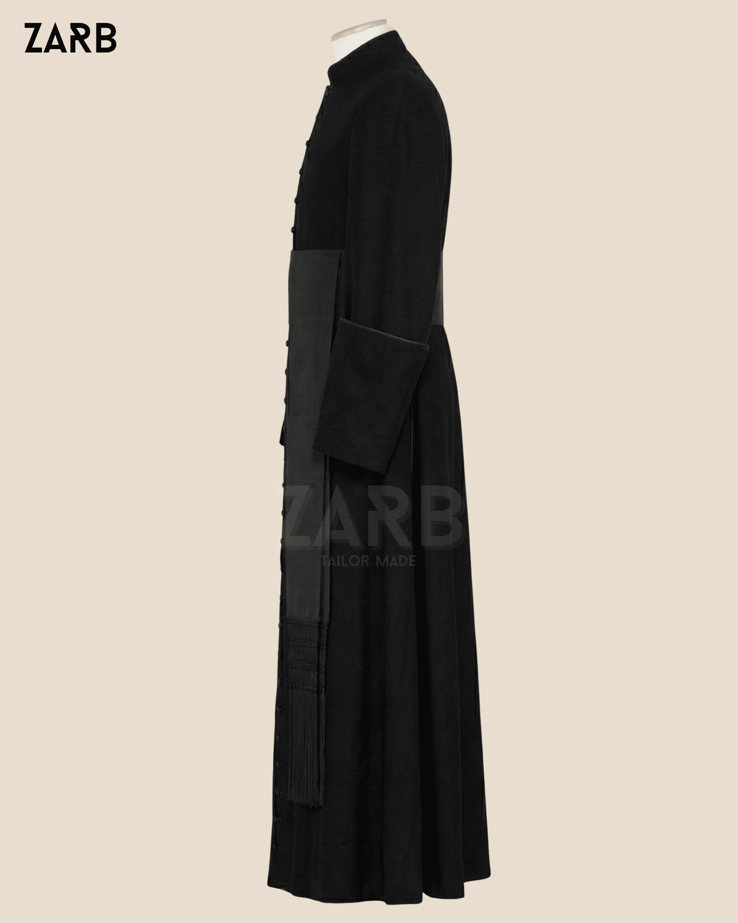 Black Clergy Cassock with Black Trim & Black Sash - Traditional Priest Robe