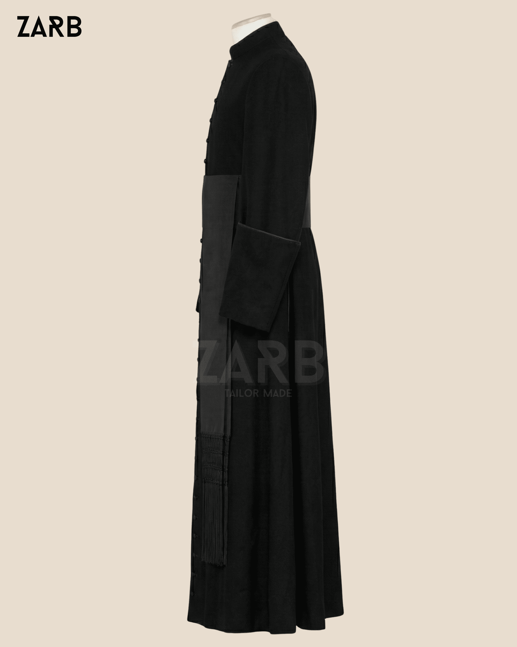 Black Clergy Cassock with Black Trim & Black Sash - Traditional Priest Robe