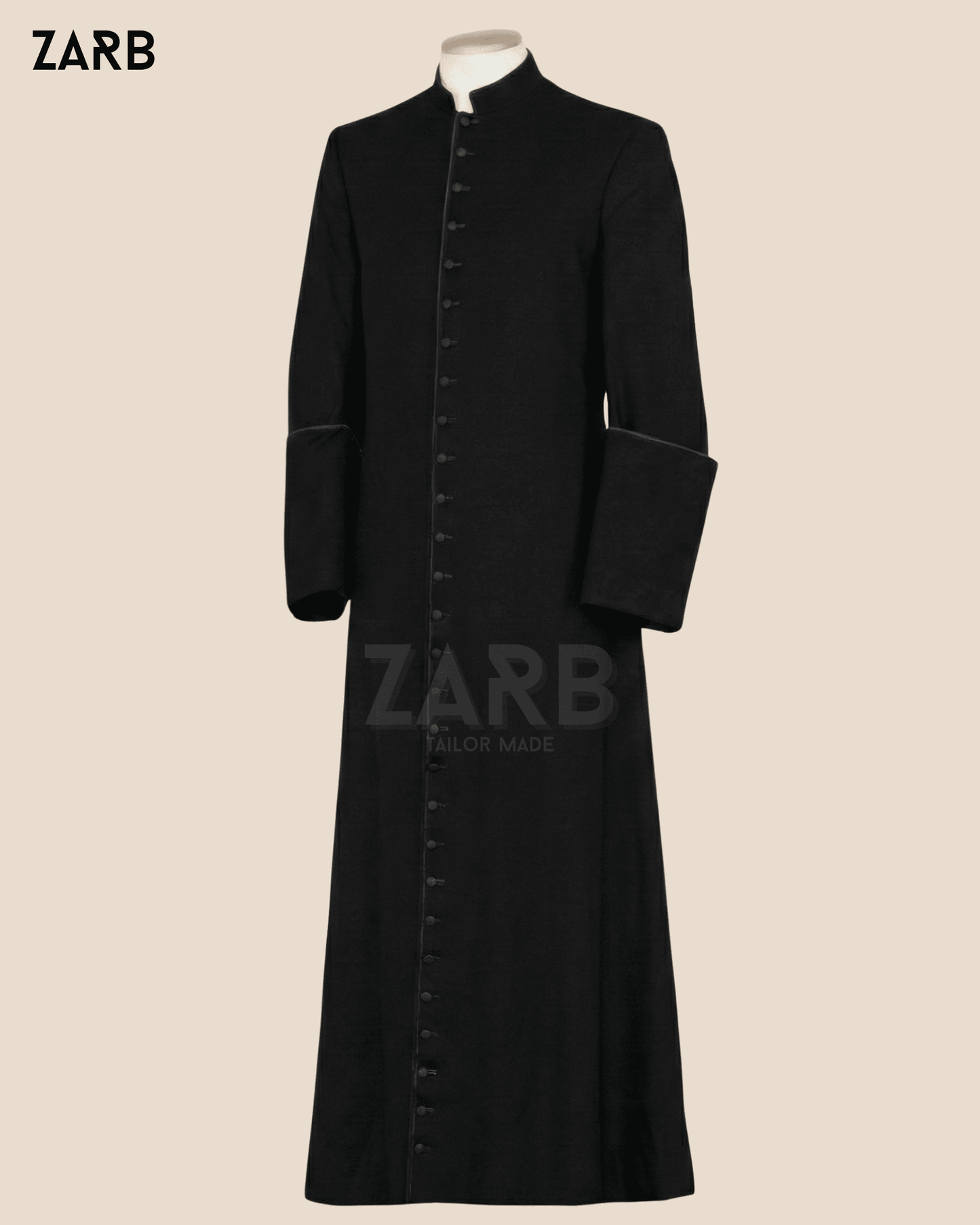 Black Clergy Cassock with Black Trim & Black Sash - Traditional Priest Robe | Full Length Button-Front Clerical Vestment