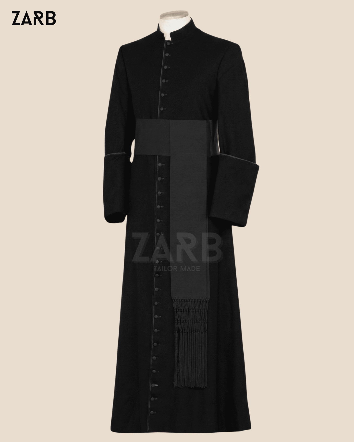 Black Clergy Cassock with Sash - Traditional Priest Robe | Full Length Button-Front Clerical Vestment | Custom Tailored Church Attire