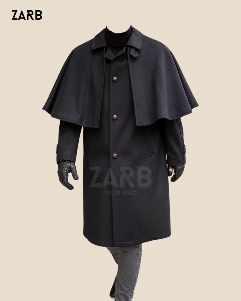 Black Inverness Cape Coat – Victorian Sherlock Holmes Cloak Coat