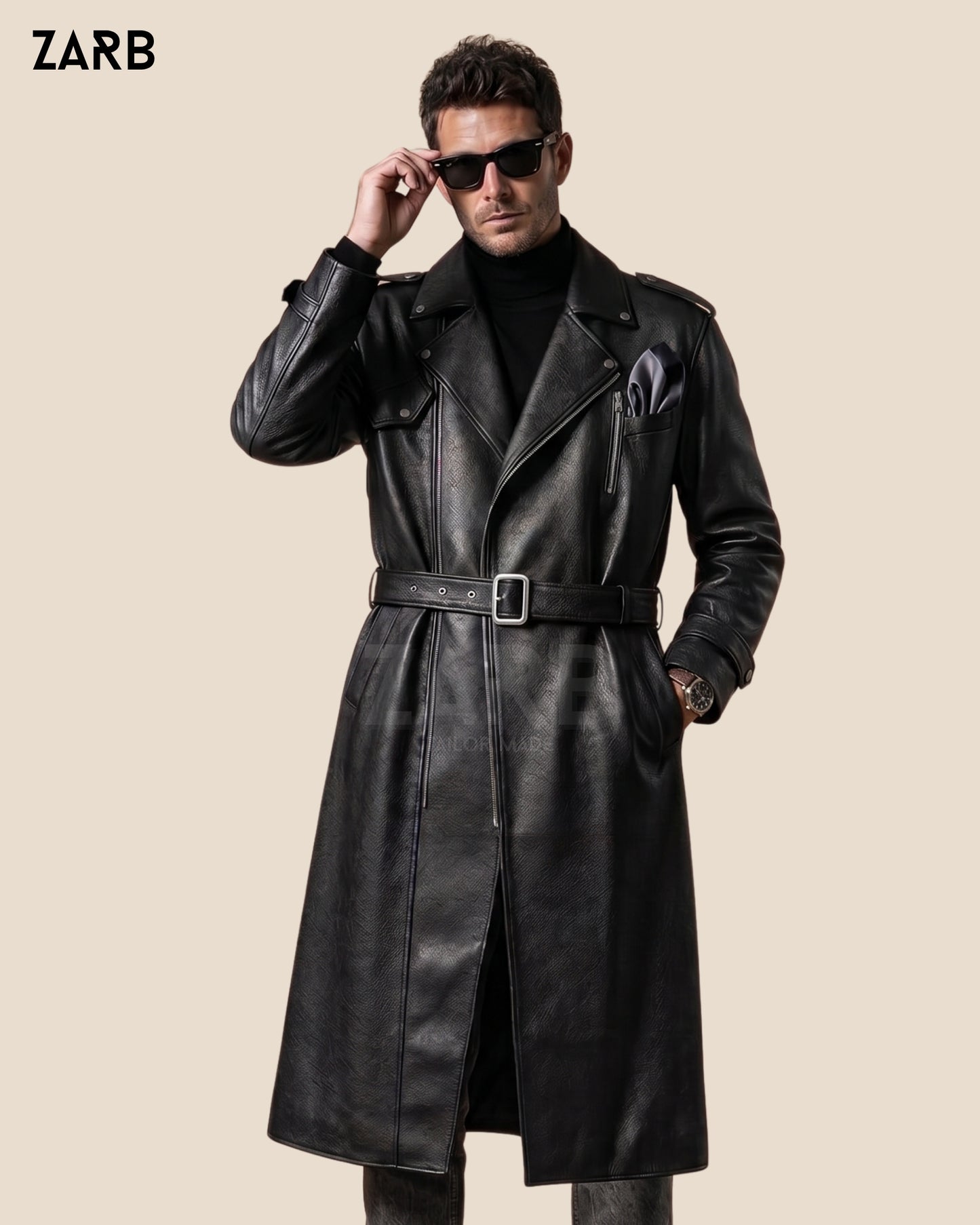 Black Leather Trench Coat Men | Long Belted | Bespoke Custom