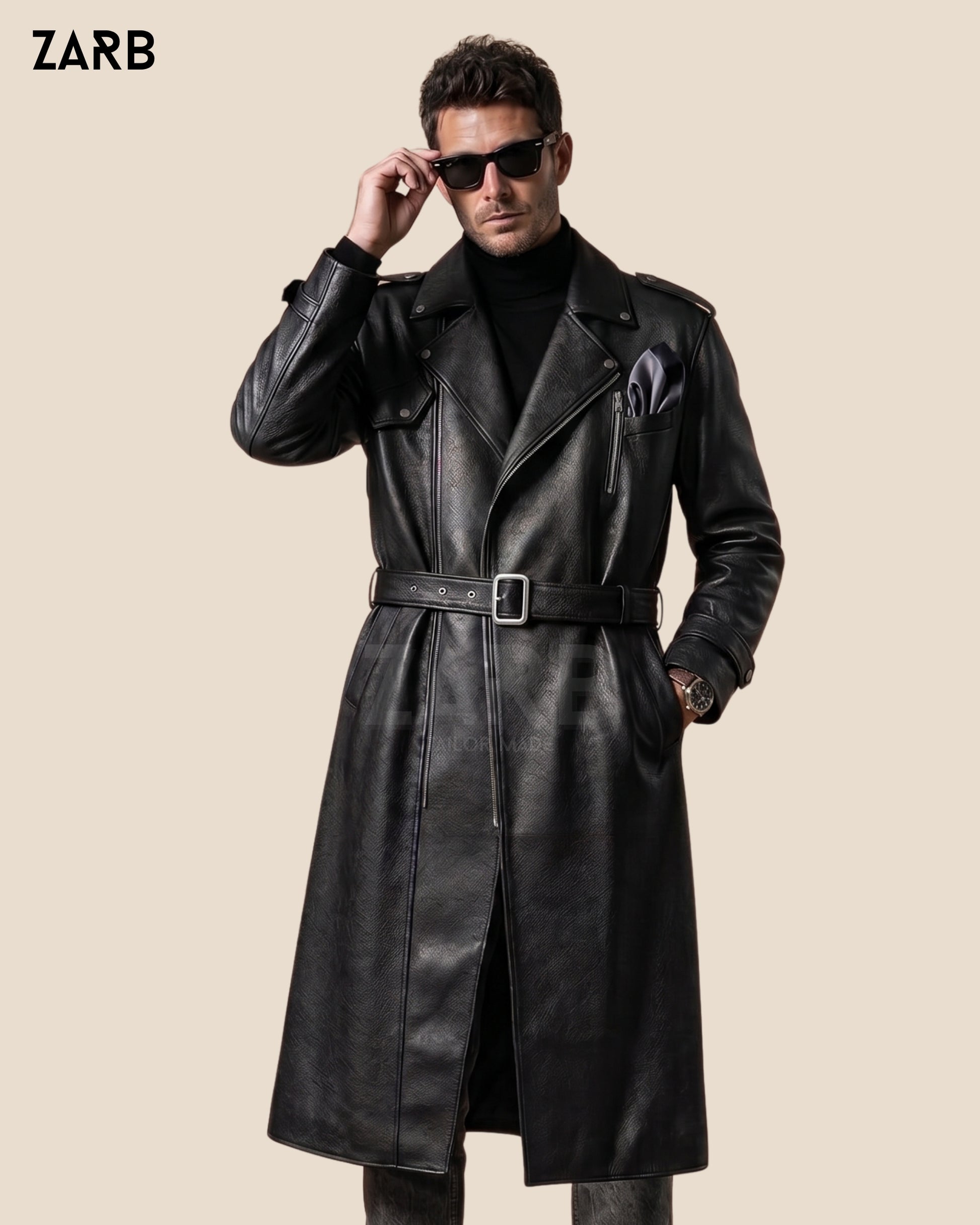 Black Leather Trench Coat Men | Long Belted | Bespoke Custom