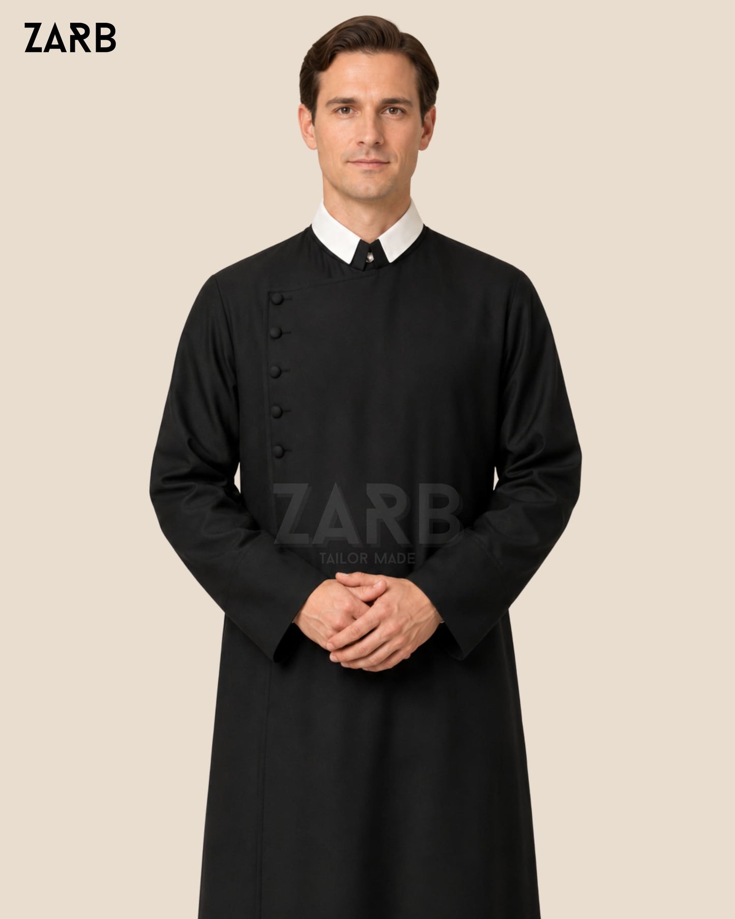Black Oratorian Habit — Custom Tailored Congregation of the Oratory Cassock with Diagonal Buttons and White Collar