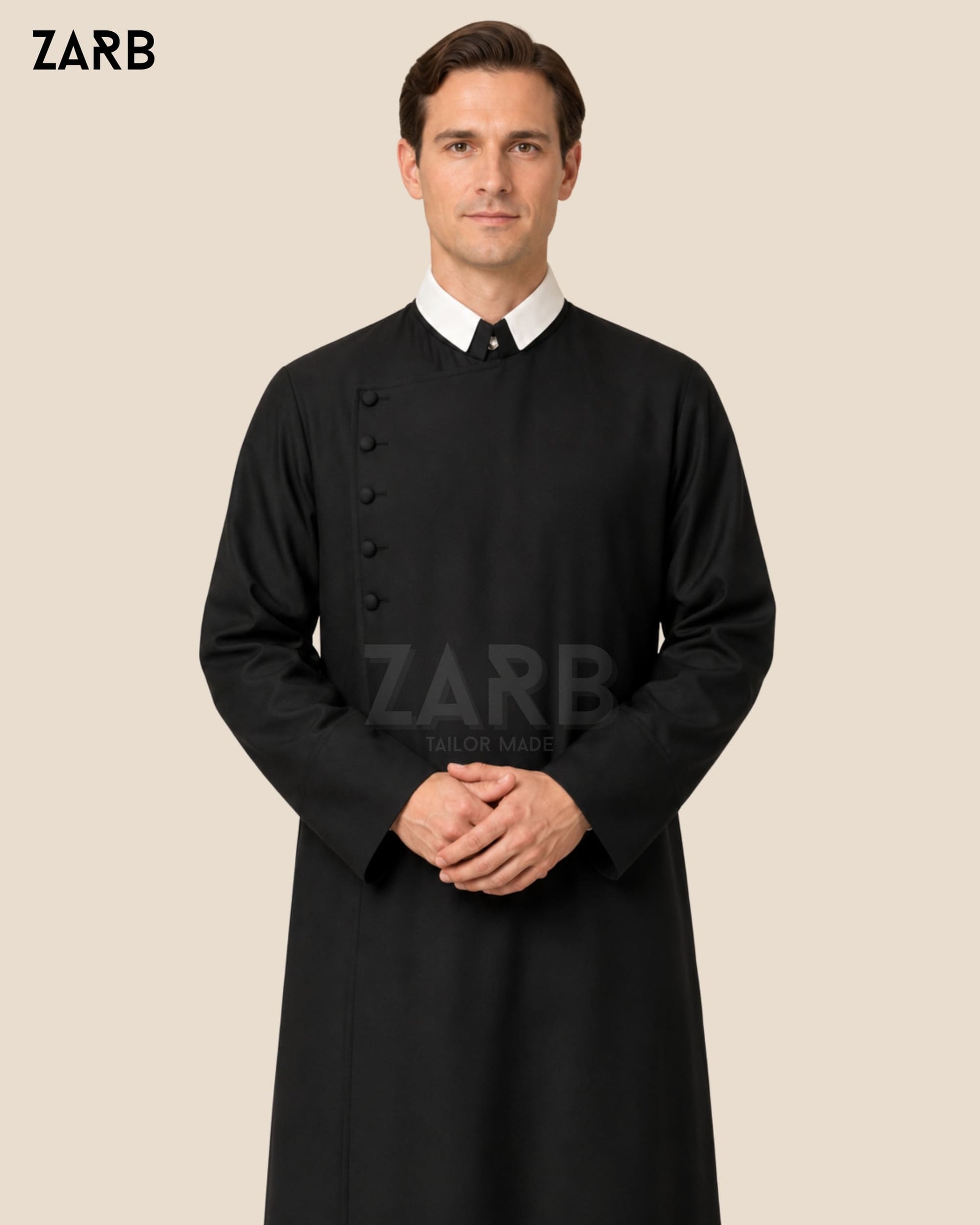 Black Oratorian Habit — Custom Tailored Congregation of the Oratory Cassock with Diagonal Buttons and White Collar
