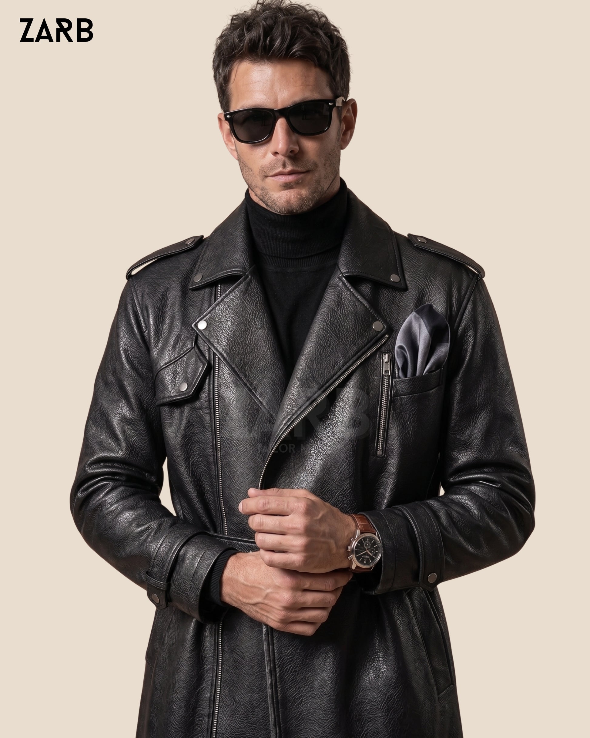 Black Pebbled Leather Trench Coat with Wide Notch Lapels, Epaulettes and Left Chest Zip Pocket — ZARB Officials