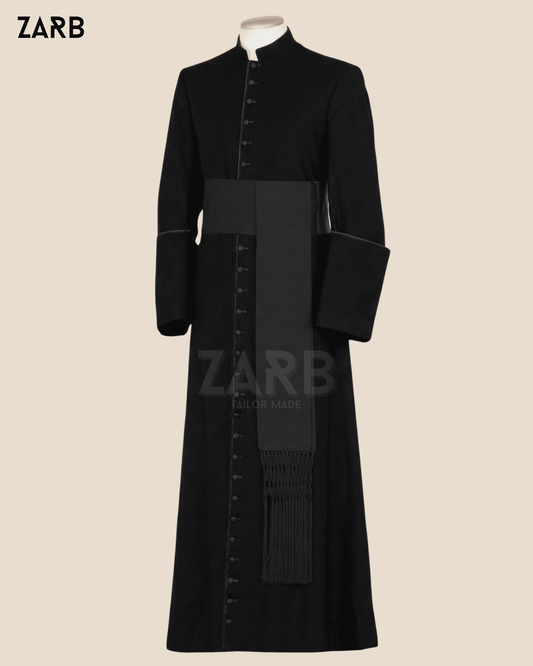 Black Roman Cassock with Sash – Catholic Priest Soutane, Traditional Clergy Robe, 33 Button Church Vestment