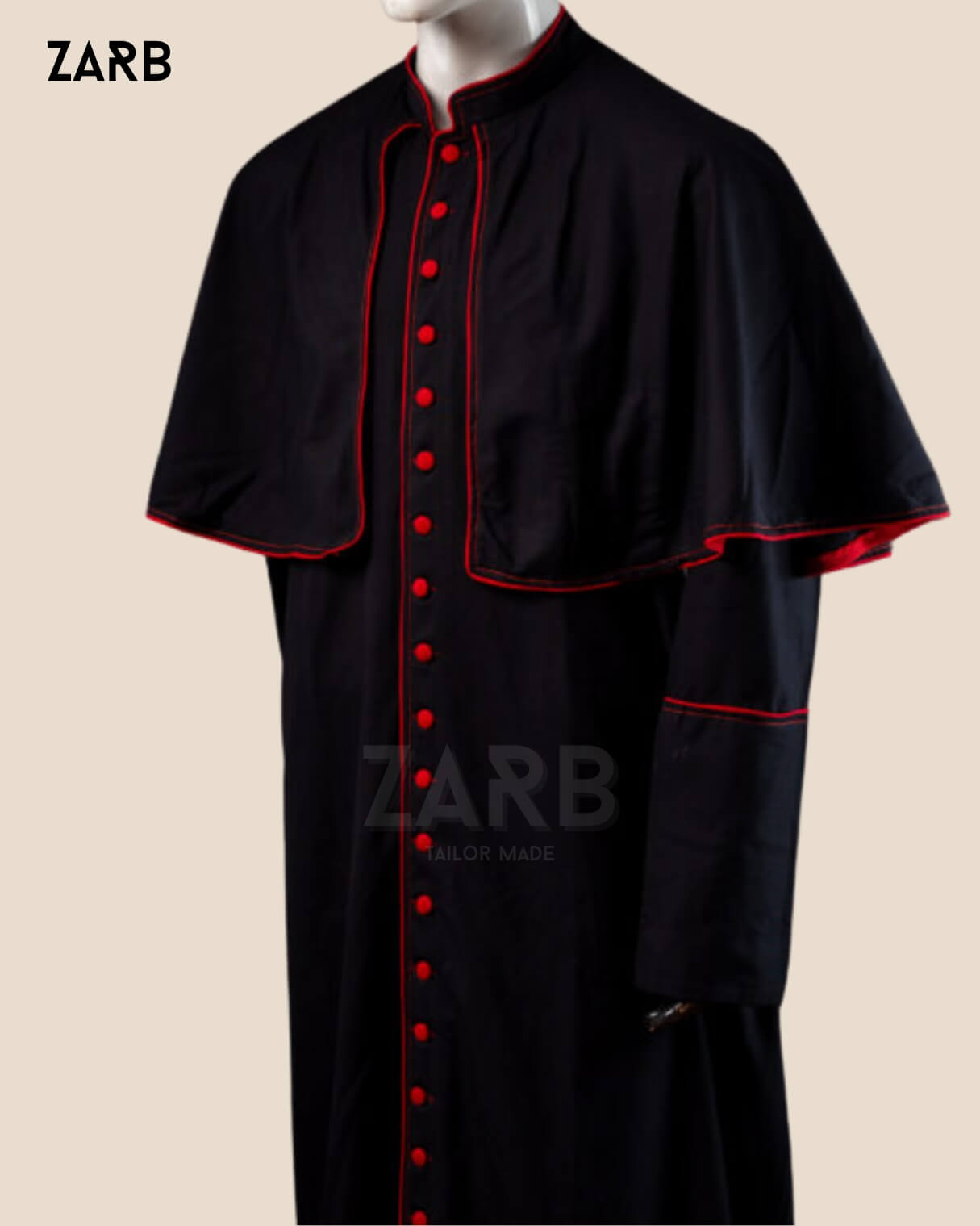 Black Roman soutane cassock with red trim and 33 buttons – custom tailored clergy robe