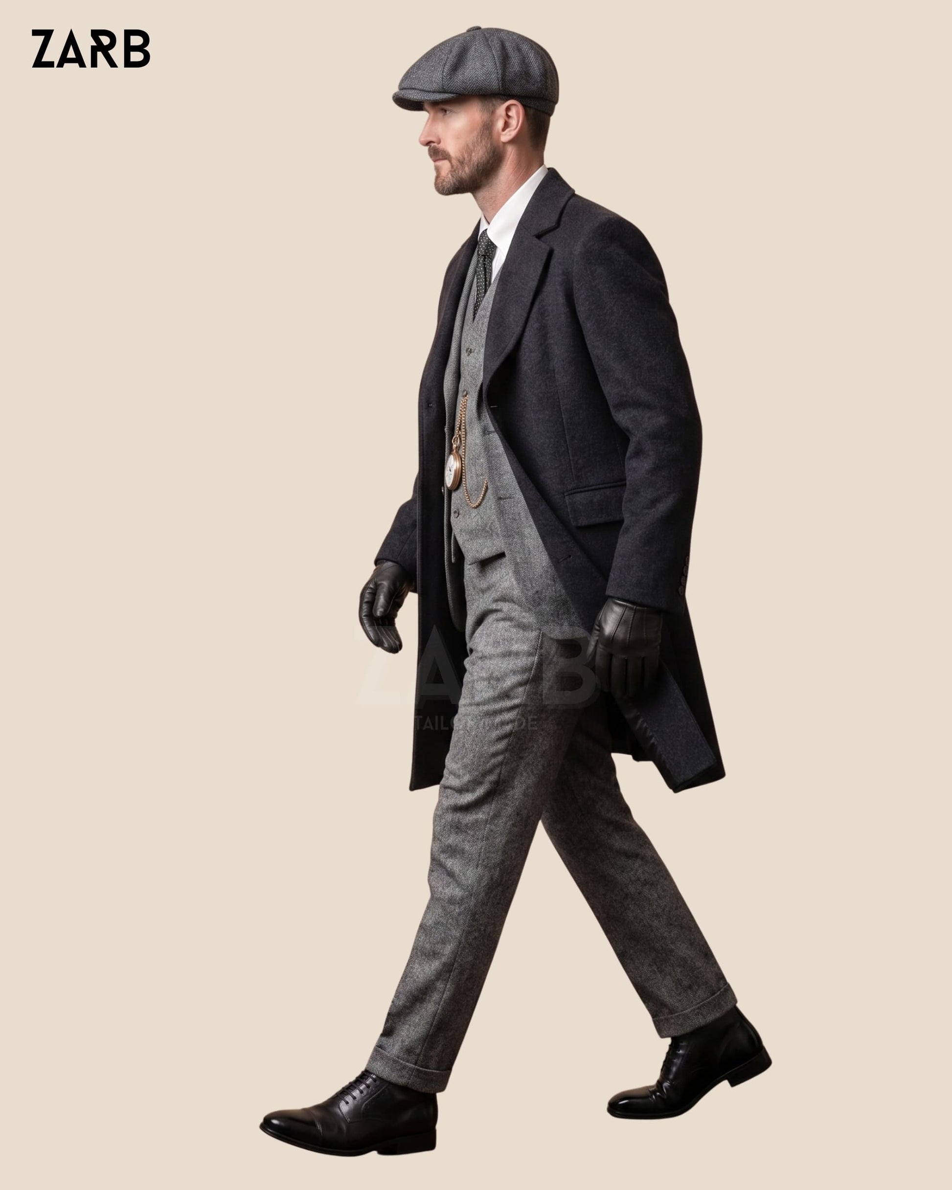 Black Wool Long Coat Peaky Blinders Style — Thomas Shelby Overcoat Layered Over Grey Tweed Suit — Custom ZARB Tailor Made