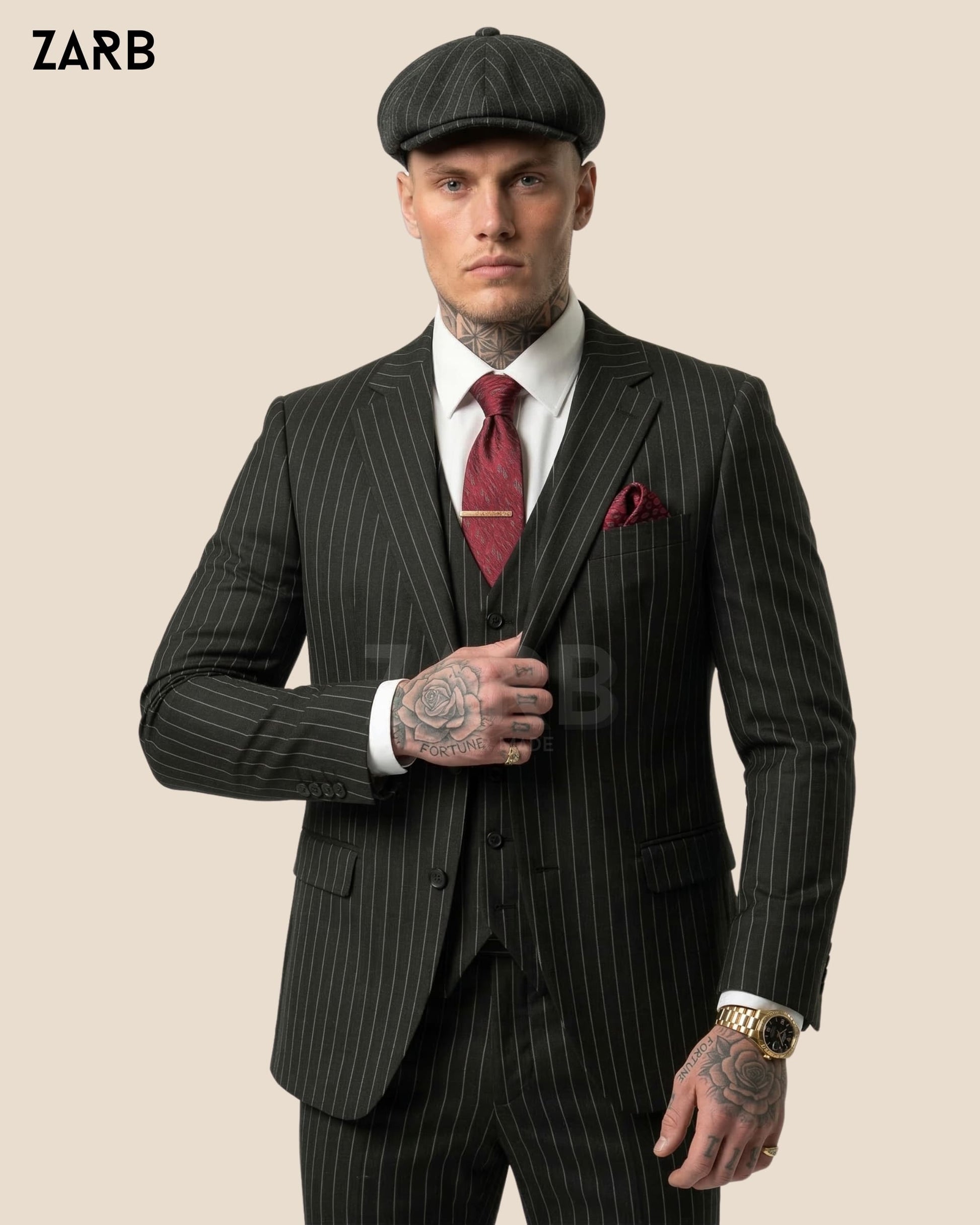 Black pinstripe Peaky Blinders style 3 piece suit for men